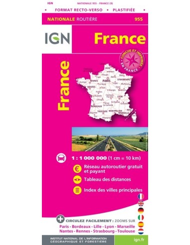 Carte IGN 1M955 - 955 France Routiere  Plastifiee 2020