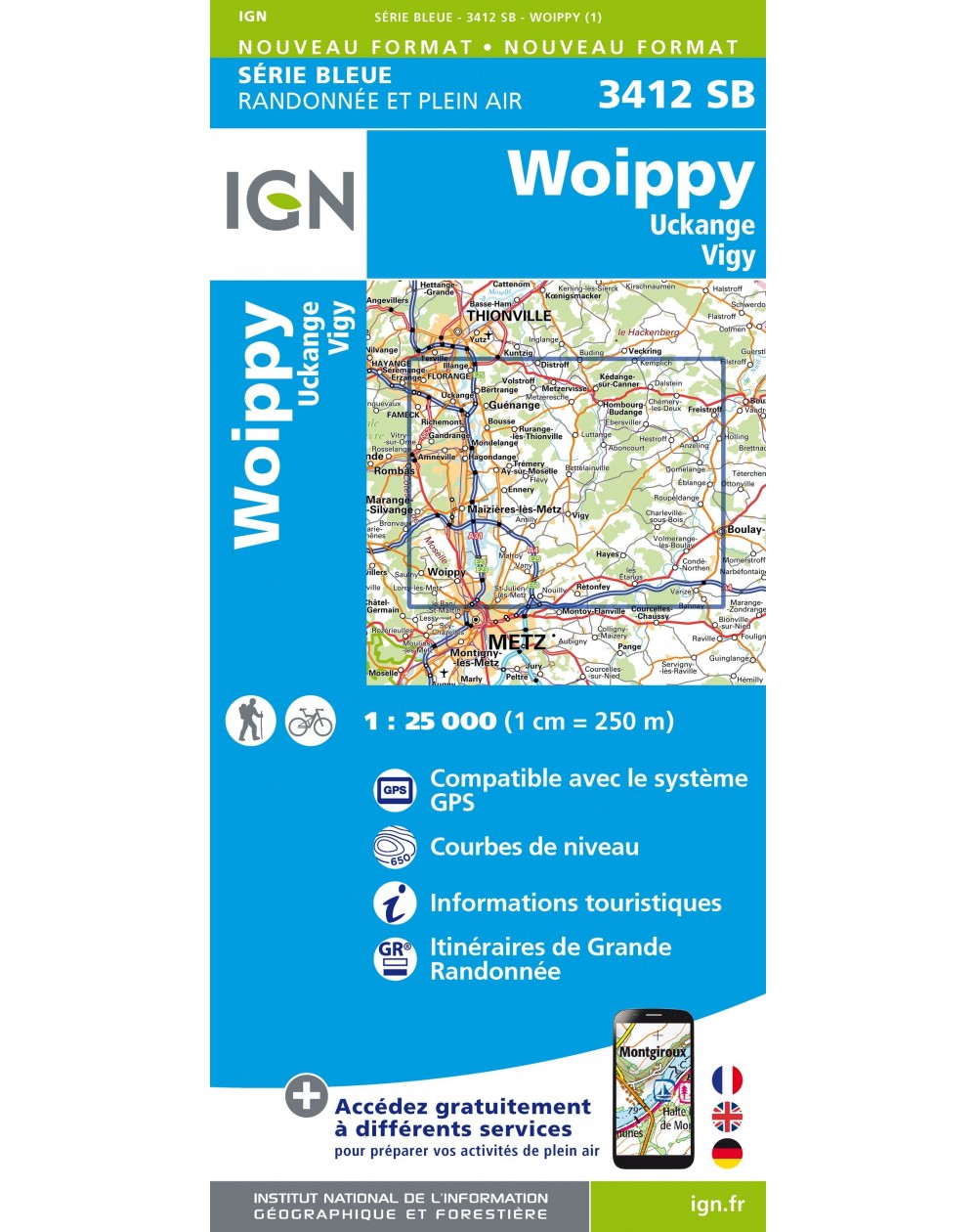 Carte randonnée Woippy/Uckange/Vigy | série Bleue IGN-3412SB