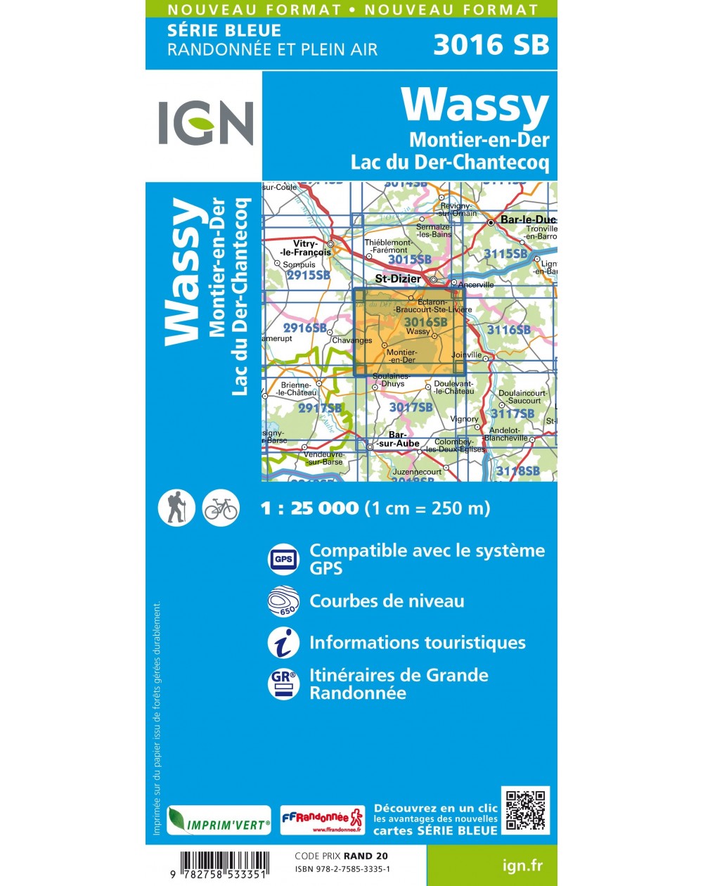 Carte randonnée Wassy / Montier en Der / Lac du Der Chantecoq | série Bleue IGN-3016SB