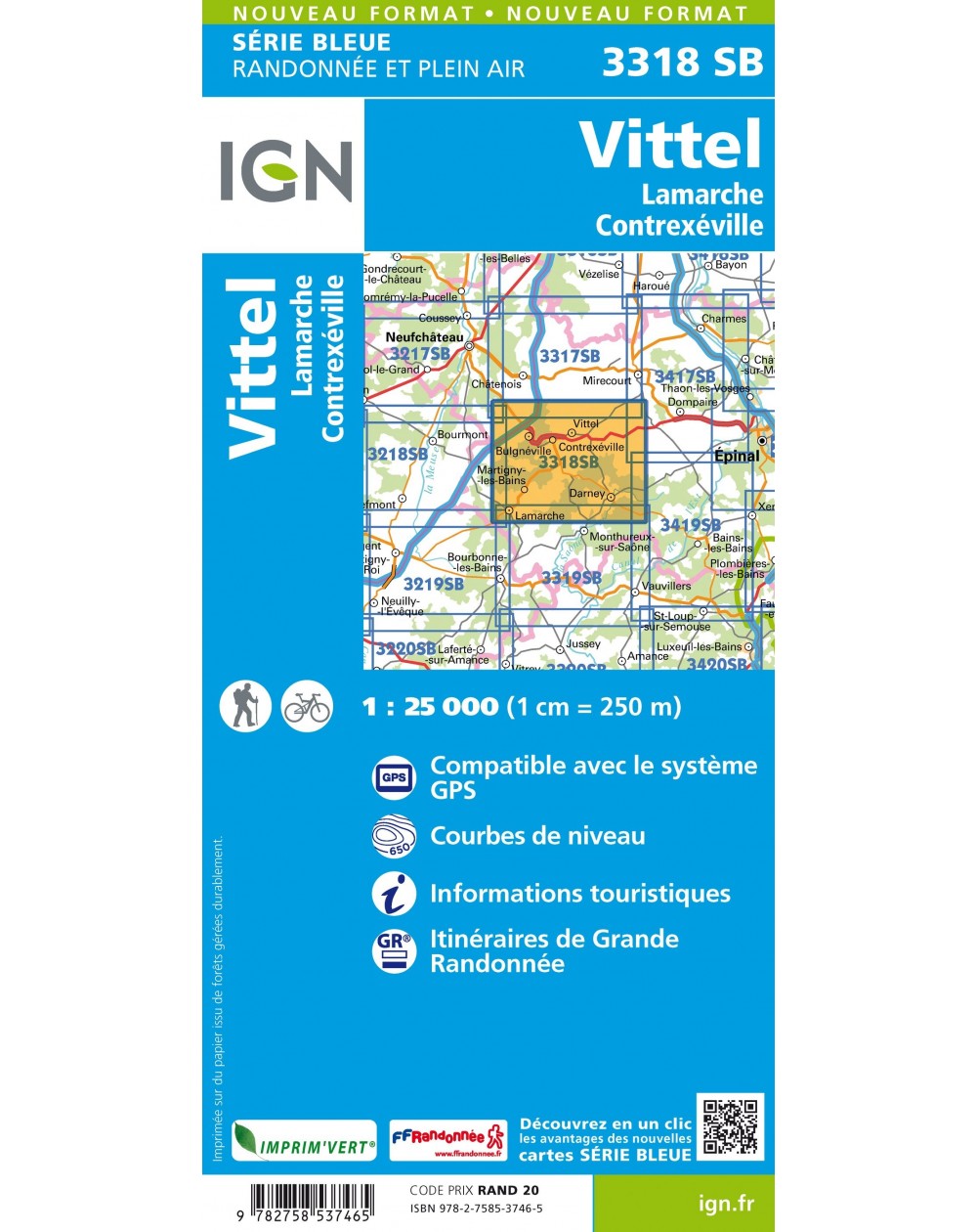 Carte randonnée Vittel/Lamarche/Contrexeville | série Bleue IGN-3318SB