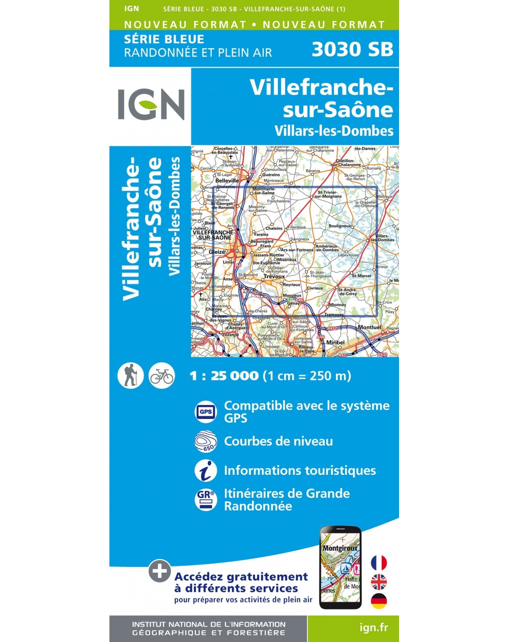 Carte randonnée Villefranche sur Saône/Villars les Dombes | série Bleue IGN-3030SB