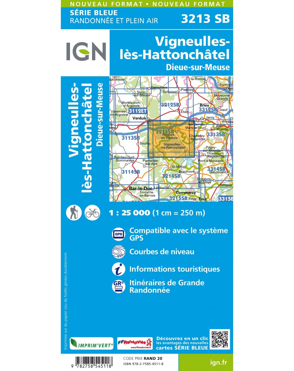 Carte randonnée Vigneulles-lès-Hattonchâtel/Dieue-sur-Meuse | série Bleue IGN-3213SB