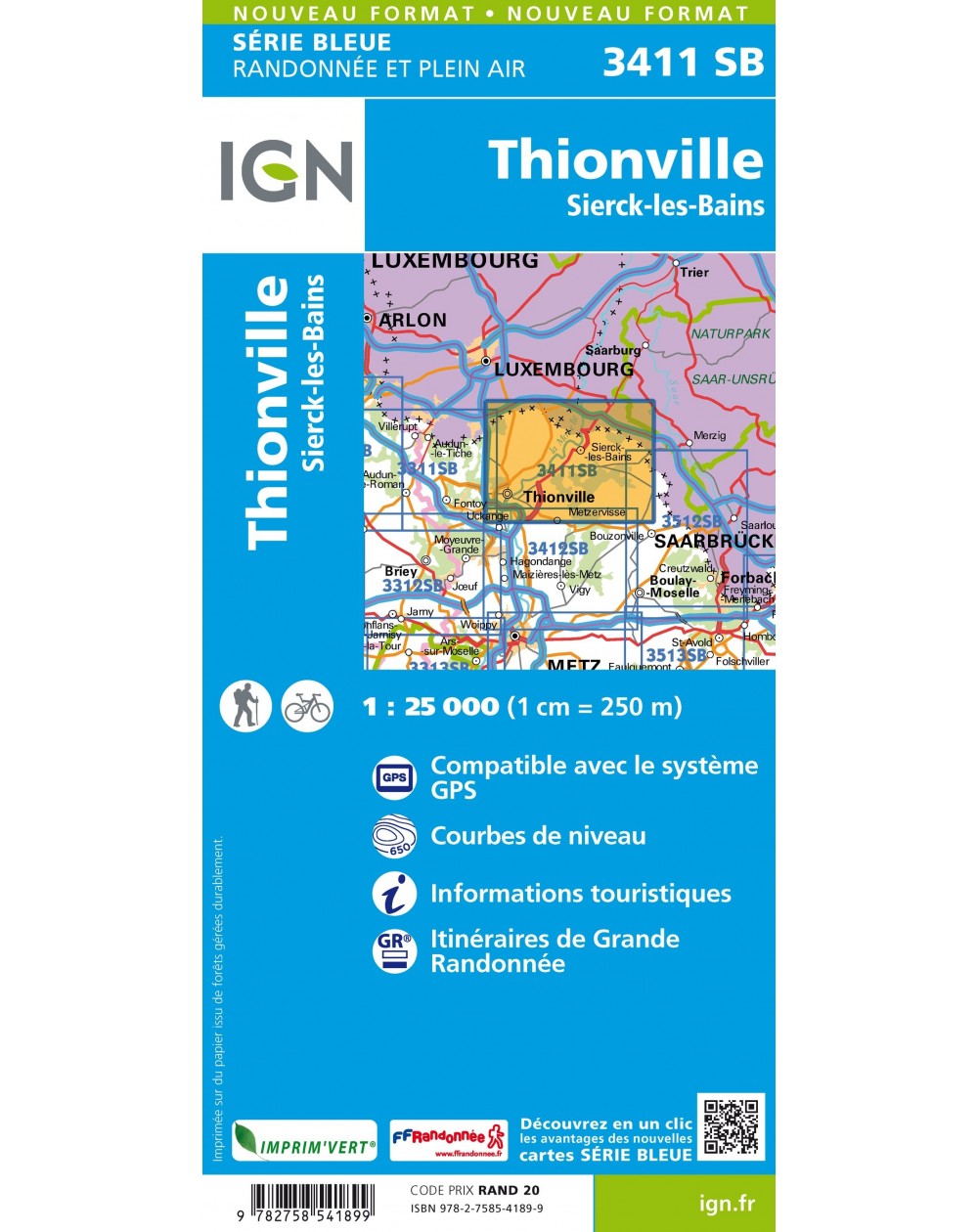 Carte randonnée Thionville/Sierks les Bains | série Bleue IGN-3411SB