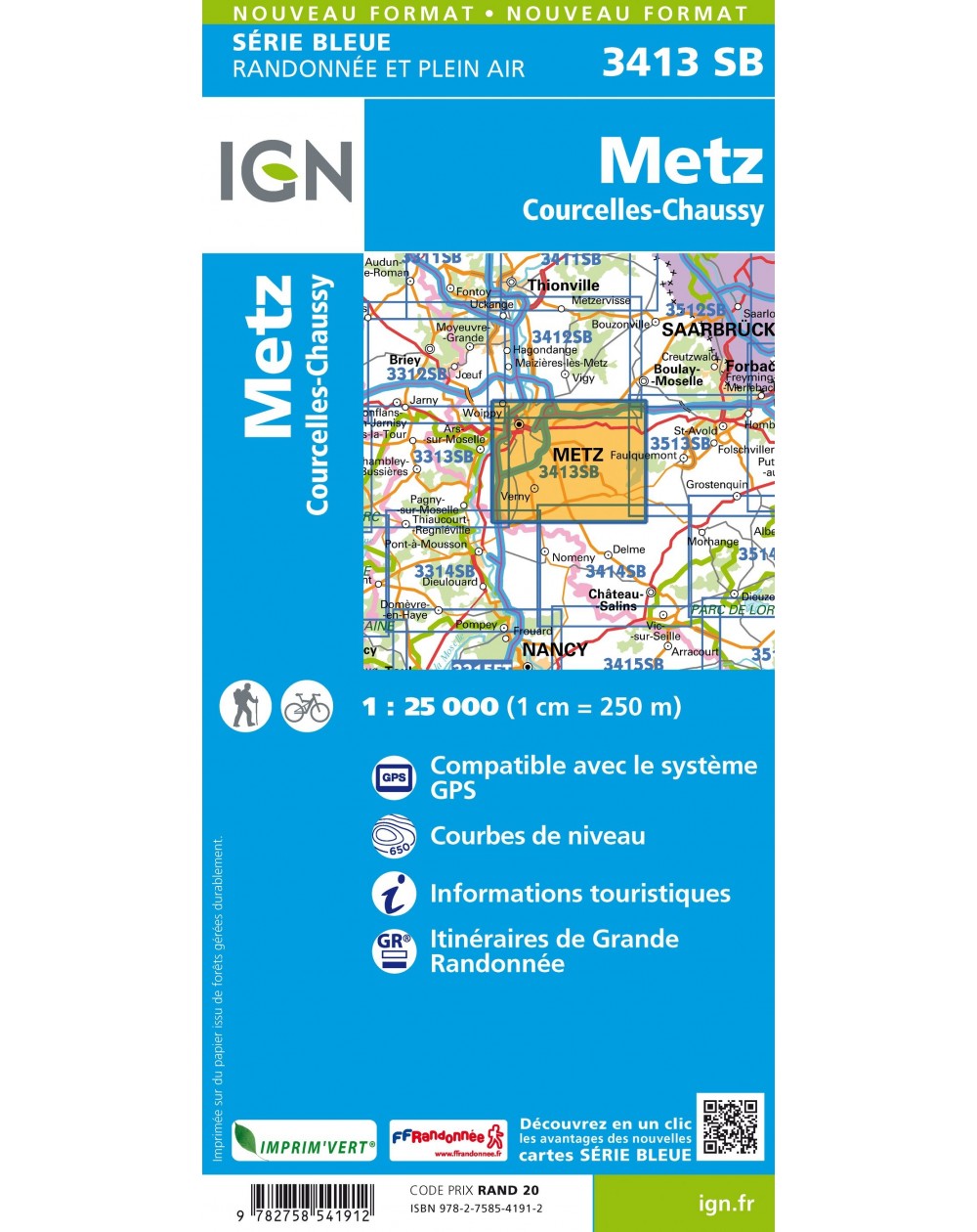 Carte randonnée Metz/Courcelles Chaussy | série Bleue IGN-3413SB