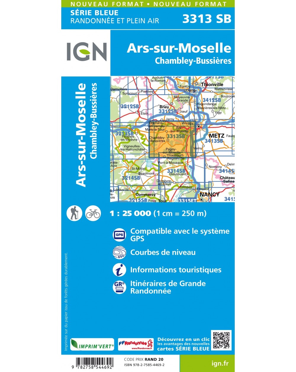 Carte randonnée Ars-sur-Moselle.Chambley-Bussières | série Bleue IGN-3313SB