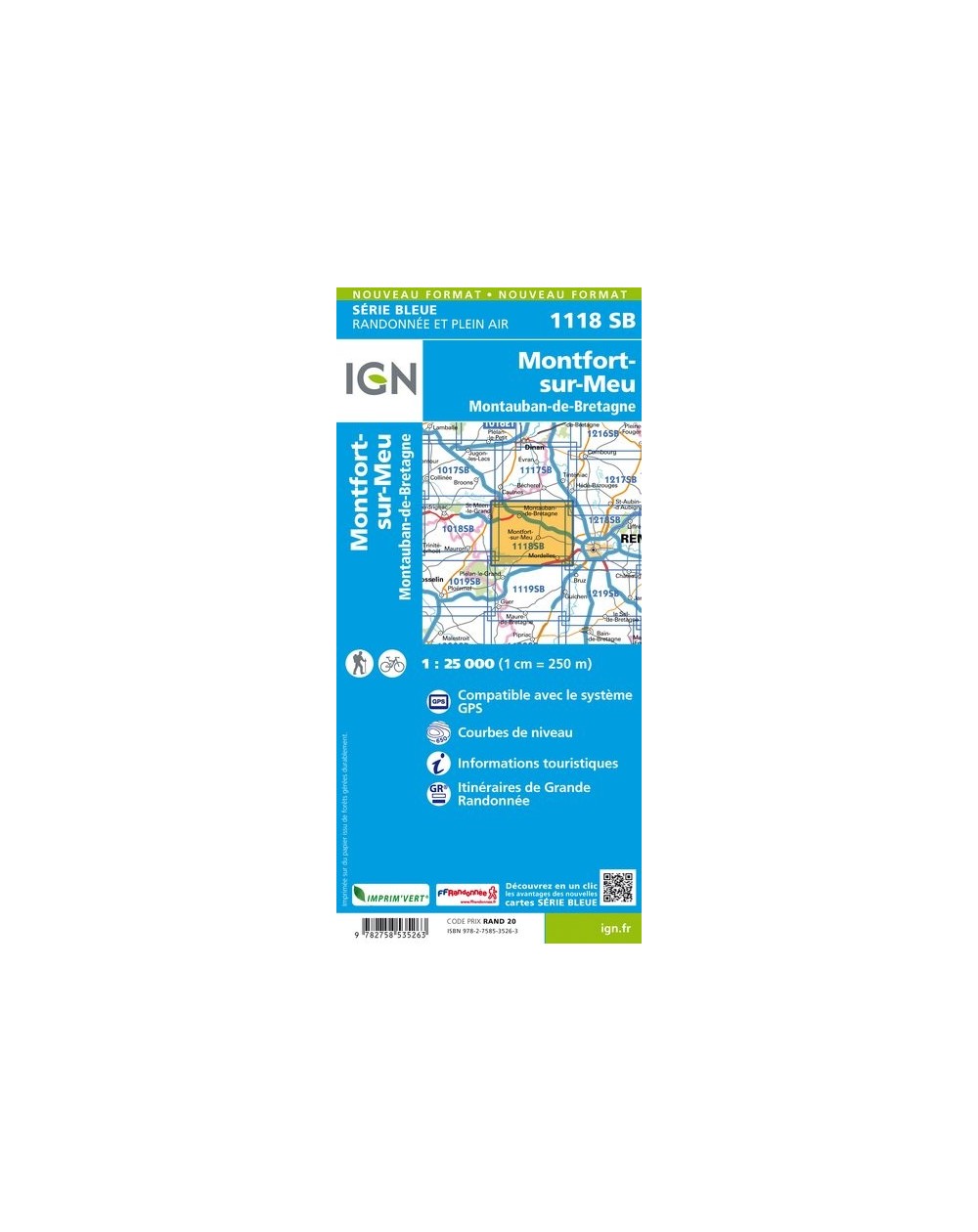 Carte randonnée Montfort sur meu/Montauban de Bretagne | série Bleue IGN-1118SB