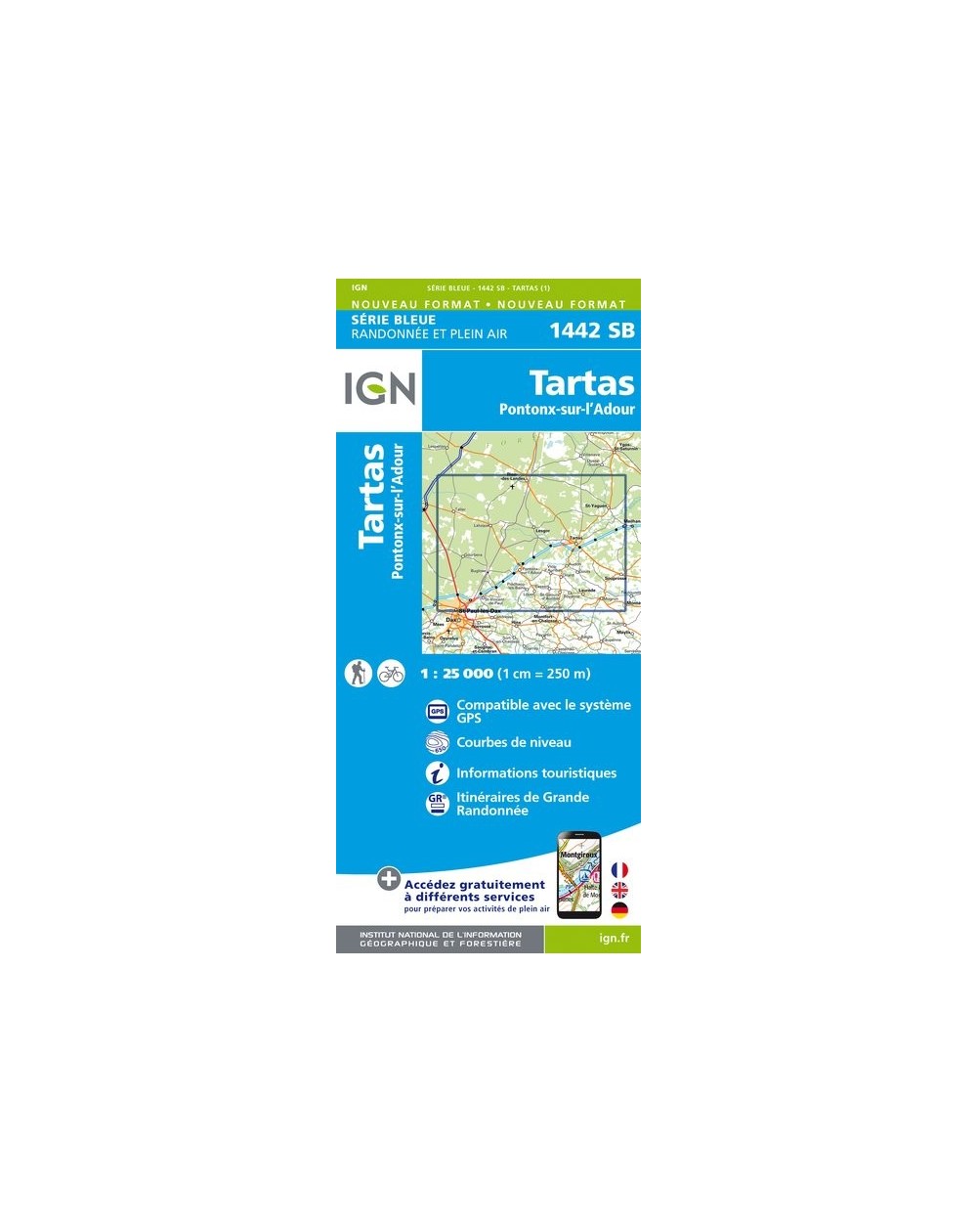 Carte randonnée Tartas / Pontonx sur l'Adour | série Bleue IGN-1442SB
