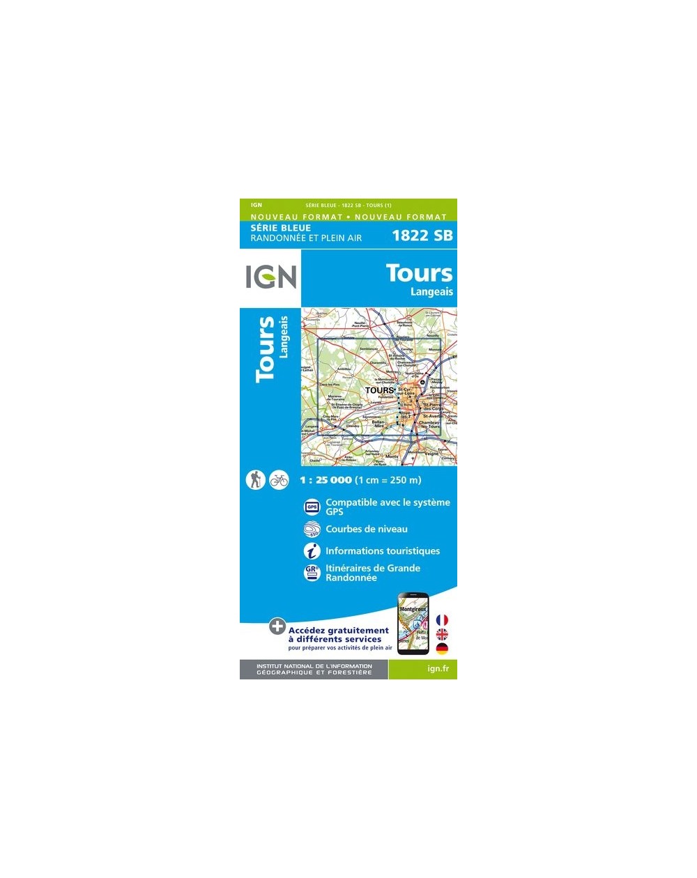 Carte randonnée Tours / Langais | série Bleue IGN-1822SB