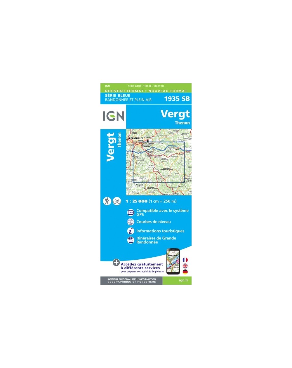 Carte randonnée Vergt/St-Pierre-de-Chignac/Thenon | série Bleue IGN-1935SB