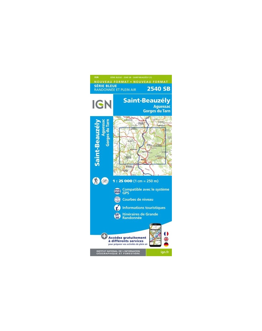 Carte randonnée Saint-Beauzely / Aguessac / Gorges du Tarn | série Bleue IGN-2540SB