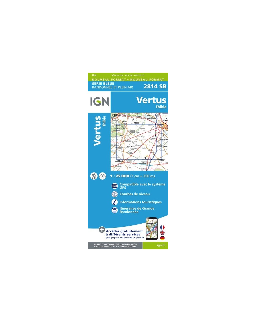 Carte randonnée Vertus/Thibie | série Bleue IGN-2814SB