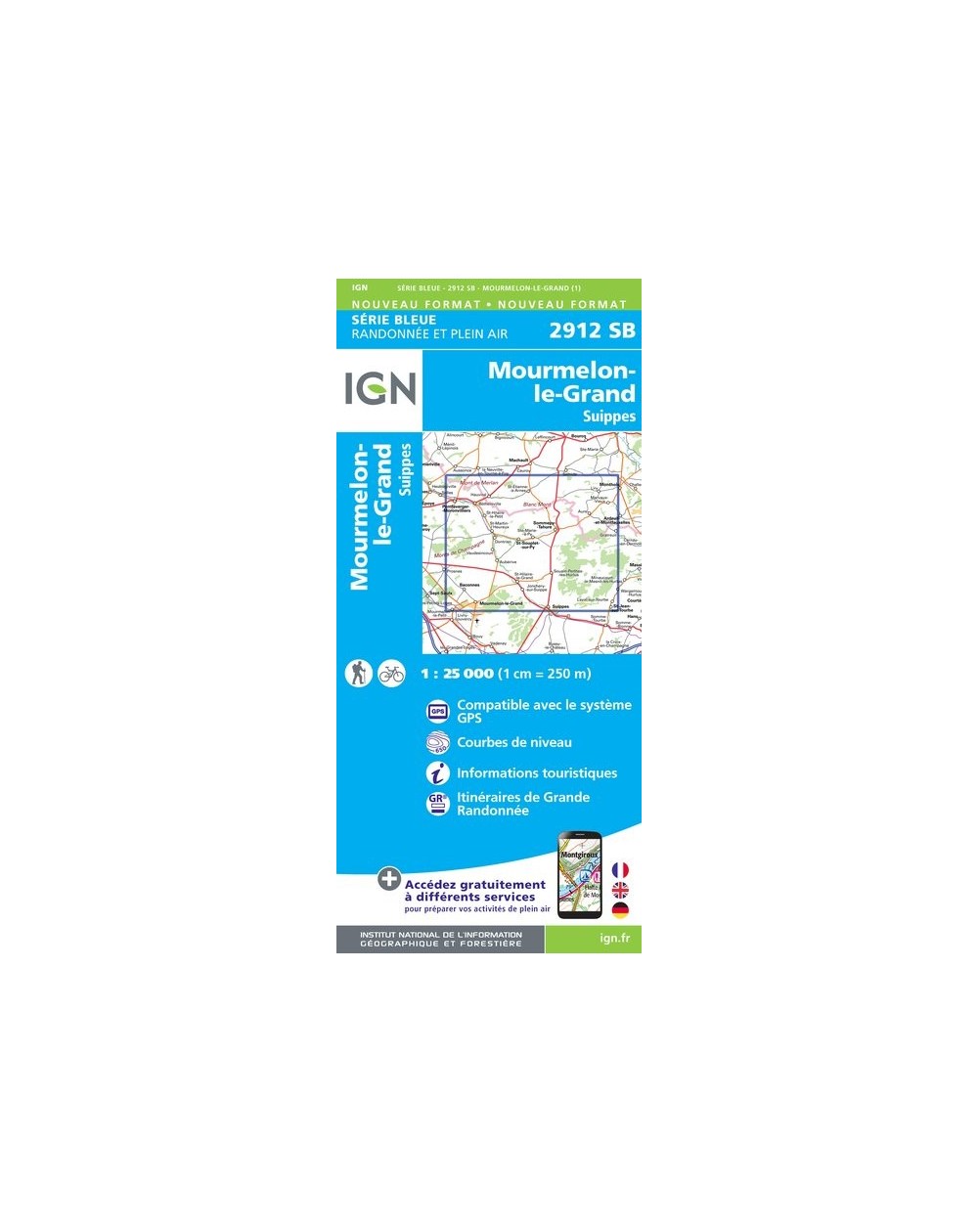 Carte randonnée Monthois/Mourmelon-le-Grand | série Bleue IGN-2912SB