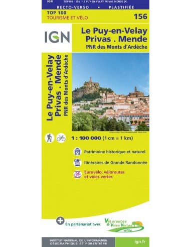 Carte Ign N° 156 Le Puy-En-Velay Privas Mende - Pnr Des Monts D'Ardèche