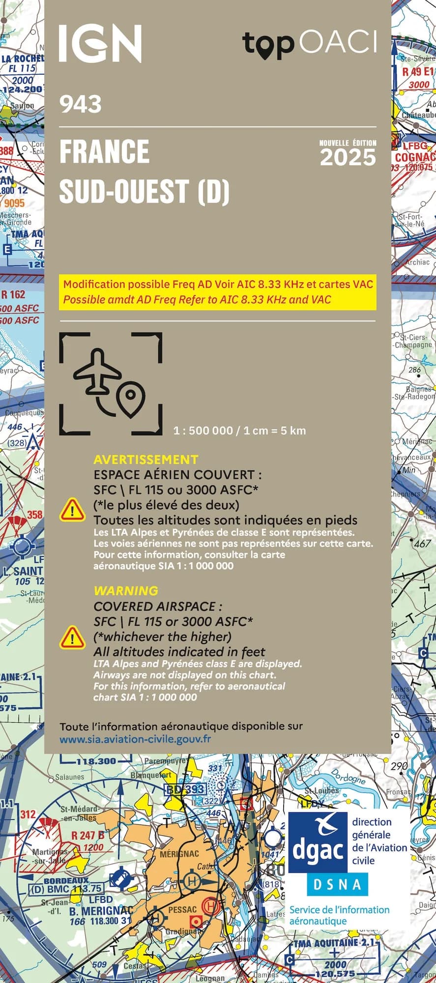 Carte Aviation OACI 2025 - France Sud-Ouest (D)