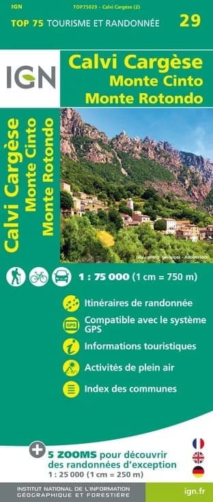 Carte Tourisme Calvi, Cargèse, Monte Cinto, Monte Rotondo IGN Top 75