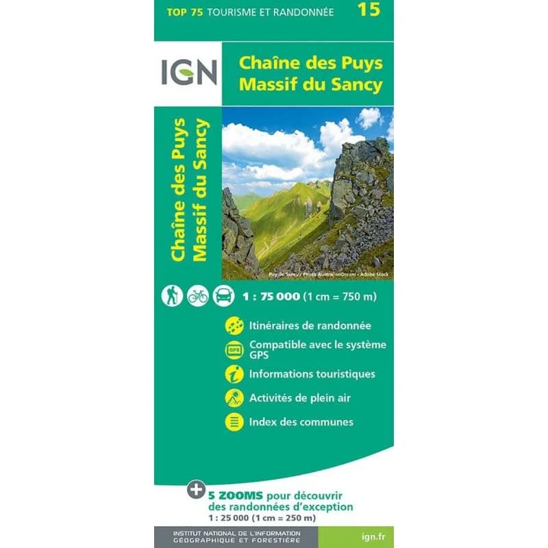 Carte Tourisme Chaîne-des Puys, Massif -du-Sancy IGN Top 75