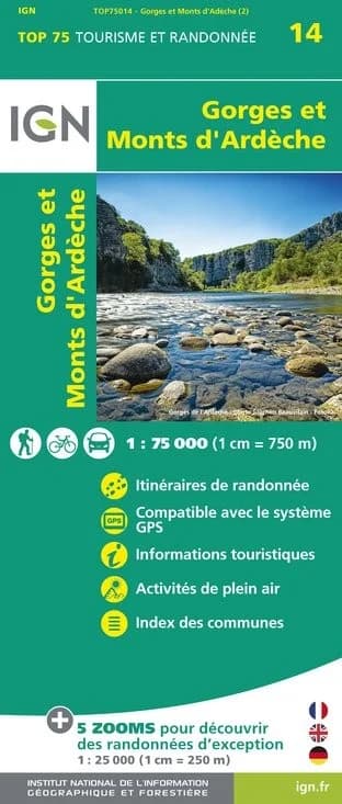 Carte Tourisme Gorges et Monts-d'Ardêche IGN Top 75