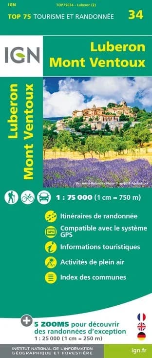 Carte Tourisme Lubéron, Mont-Ventoux IGN Top 75