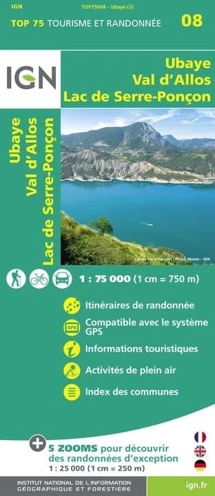 Carte Tourisme Ubaye, Val-d'Allos, Lac de Serre-Ponçon IGN Top 75