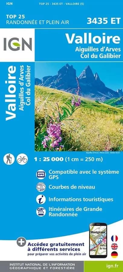 Carte IGN Valloire Aiguilles d'Arves col Galibier 3435ET série Top 25 — recto