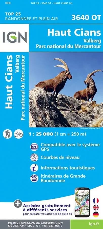 Carte IGN haut cians valberg parc national mercantour 3640OT série Top 25 — recto