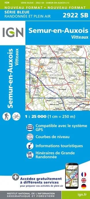 Carte randonnée Semur en Auxois/Vitteaux | série Bleue IGN — recto