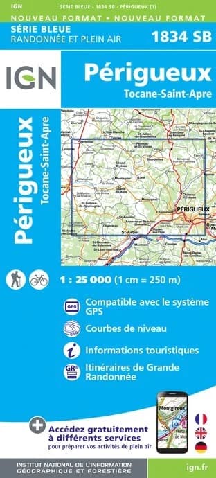 Carte randonnée Périgueux/Tocane-Saint-Apre | série Bleue IGN — recto