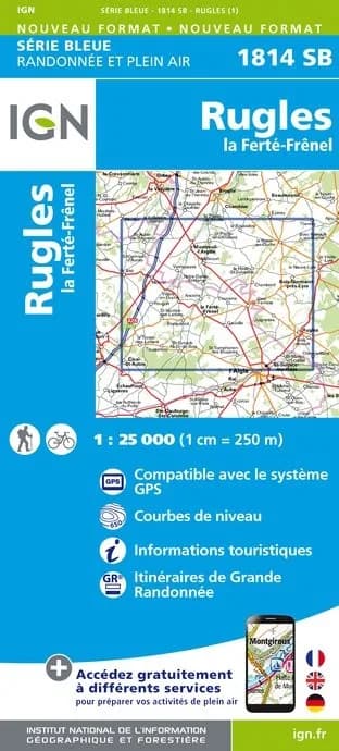 Carte randonnée Rugles - La Ferté Frênel | 1814SB série Bleue IGN — recto