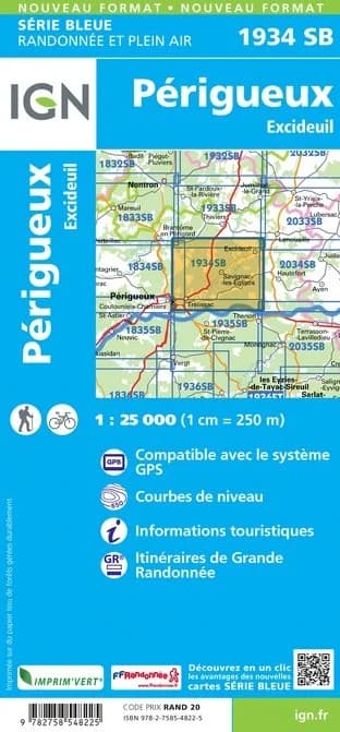 Carte randonnée Périgueux/Excideuil | série Bleue IGN — recto