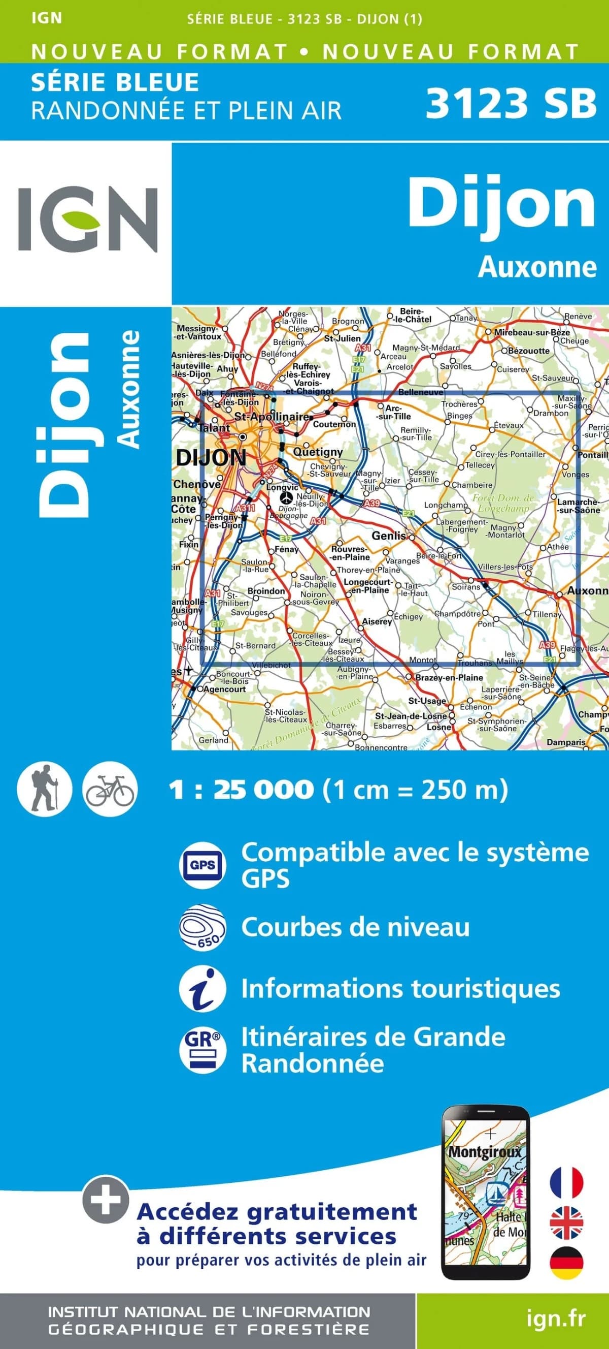 Carte randonnée Dijon Est/Auxonne | série Bleue IGN — recto