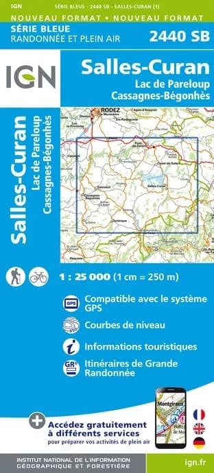 Carte randonnée Salles Curan / Lac de Pareloup / Cassagnes Begonhes | série Bleue IGN — recto