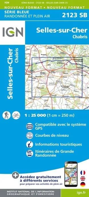 Carte randonnée Selles sur Cher - Chabris | série Bleue IGN — recto