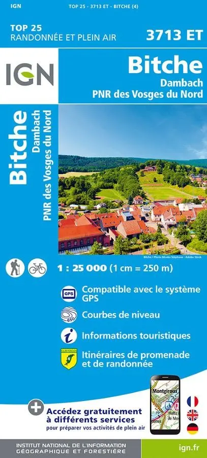 Carte IGN pays de bitche parc natureldes vosges 3713ET série Top 25 — recto