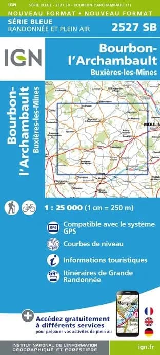 Carte randonnée Bourbon l'Archambault/Buxières les Mines | série Bleue IGN — recto