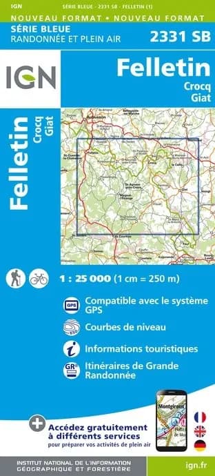 Carte randonnée Felletin/Crocq/Giat | série Bleue IGN — recto