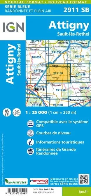 Carte randonnée Attigny/Sault-Les-Rethel | série Bleue IGN — recto