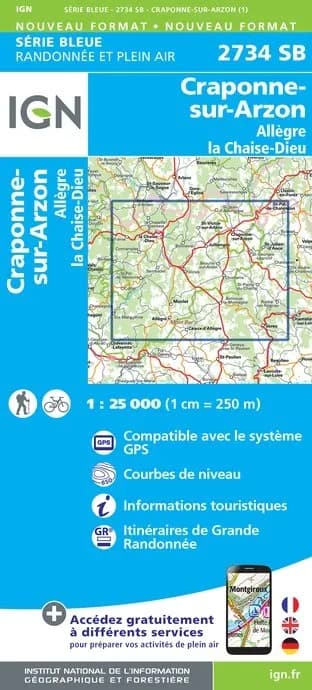 Carte randonnée Craponne-sur-Arzon/Allègre.la Chaise-Dieu | série Bleue IGN — recto