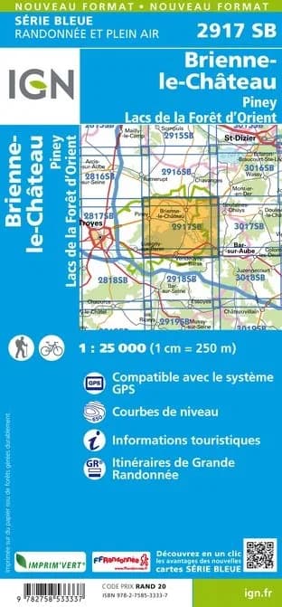Carte randonnée Brienne le Château - Piney - Lacs de la Forêt d'Orient | série Bleue IGN — recto