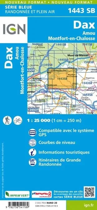 Carte randonnée Dax/Amou / Montfort en Chalosse | série Bleue IGN — recto