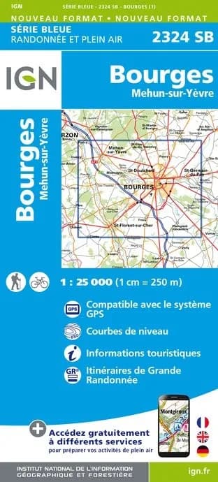 Carte randonnée Bourges/Mehun sur Yevre | série Bleue IGN — recto
