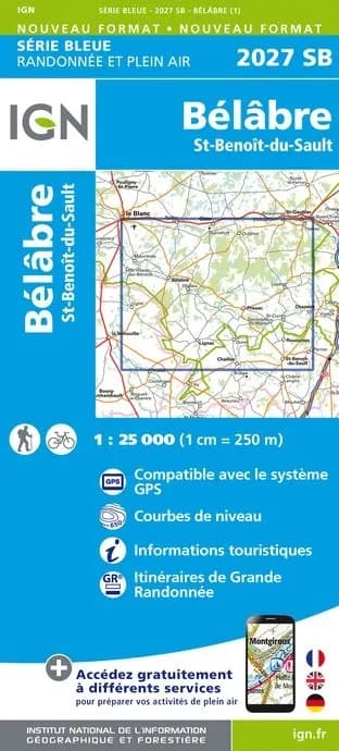 Carte randonnée Bélâbre/St-benoît-du-Sault | série Bleue IGN — recto