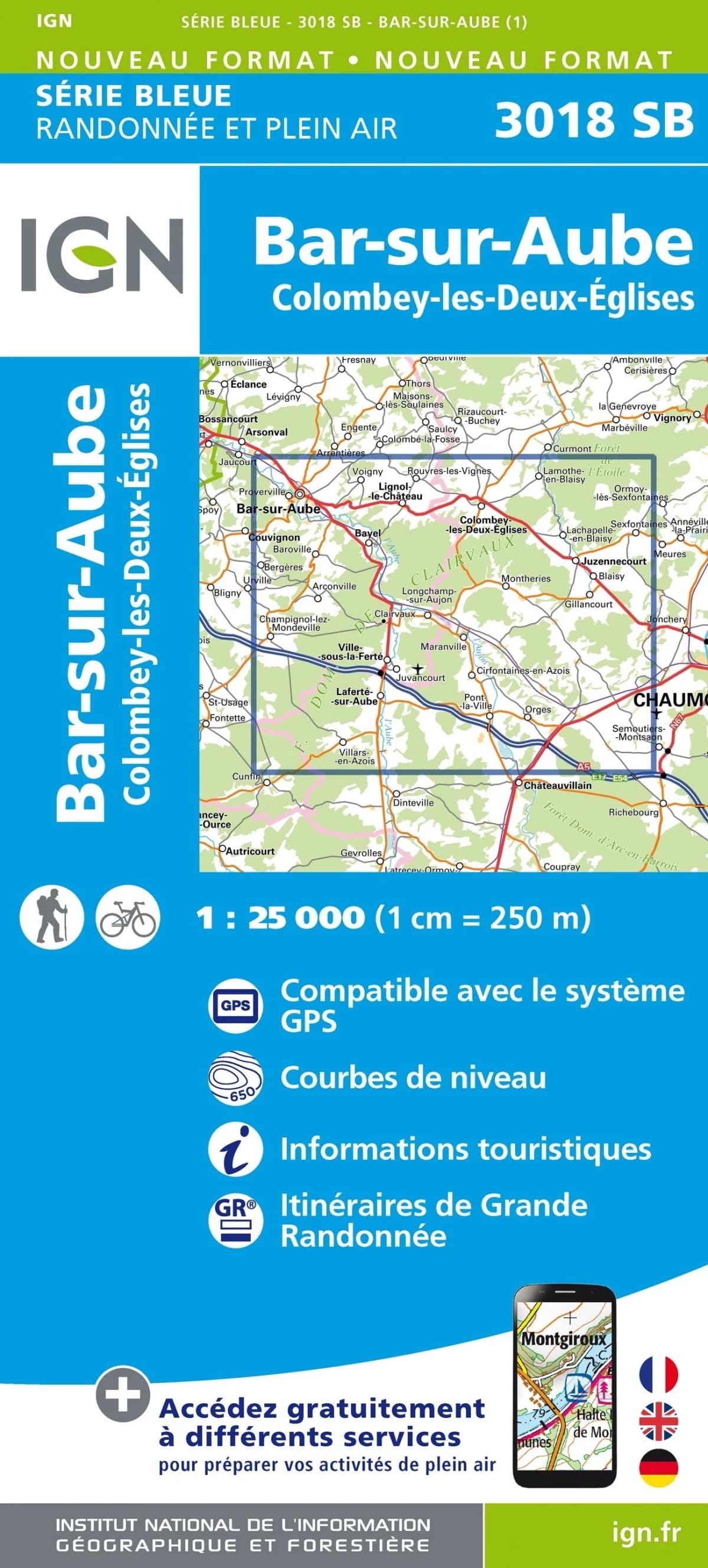 Carte randonnée Bar-sur-Aube/Colombey-les-Deux-Églises | série Bleue IGN — recto