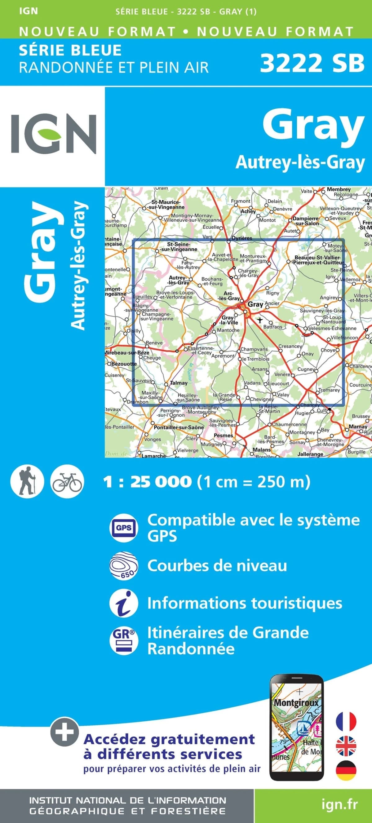 Carte randonnée Gray.Autrey-lès-Gray | série Bleue IGN — recto
