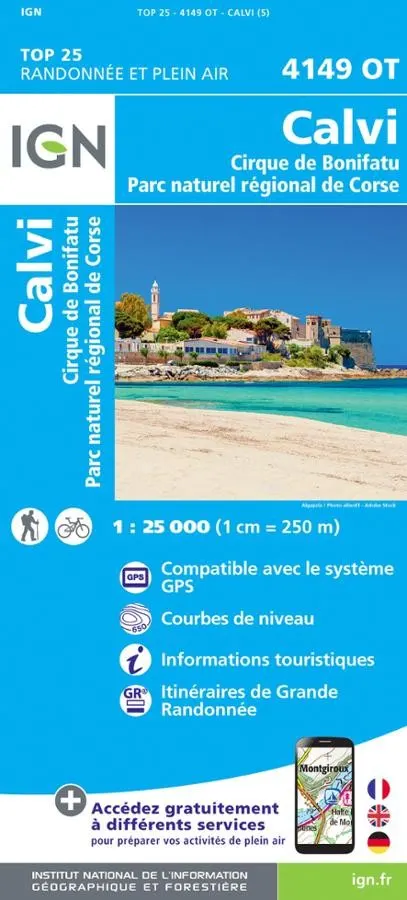 Carte IGN calvi cirque de bonifatu parc naturel de corse 4149OT série Top 25 — recto