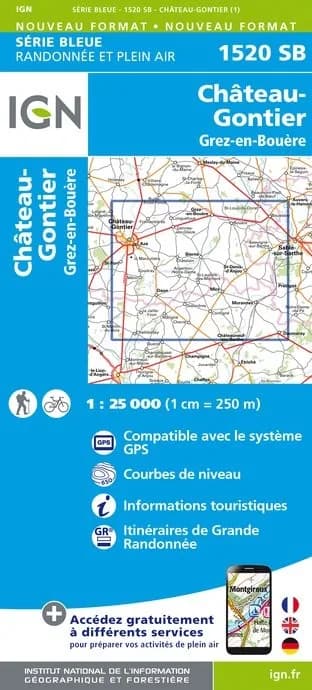 Carte randonnée Château Gontier/Grez en Bouère | série Bleue IGN — recto