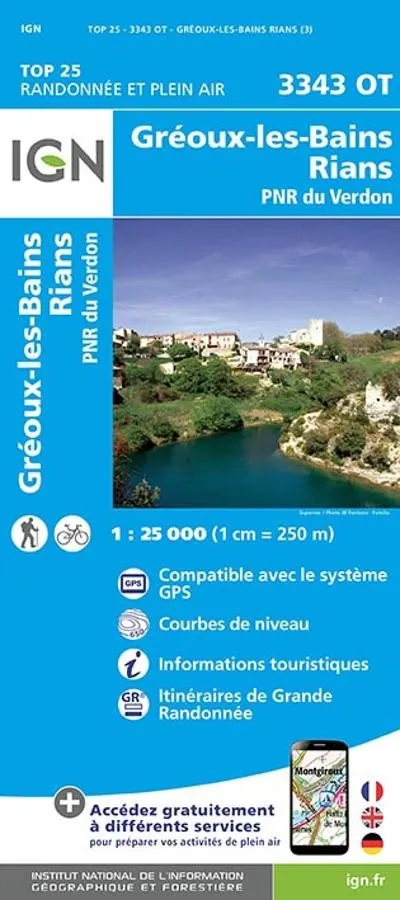 Carte IGN Gréoux-les-Bains Rians parc naturel du verdon 3343OT série Top 25 — recto