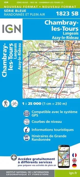 Carte randonnée Chambray-les-Tours/Langeais/Azay-le-Rideau | série Bleue IGN — recto