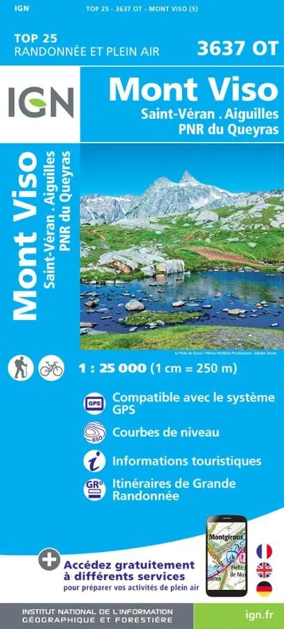 Carte IGN mont viso saint veron aiguilles parc national queyras 3637OT série Top 25 — recto