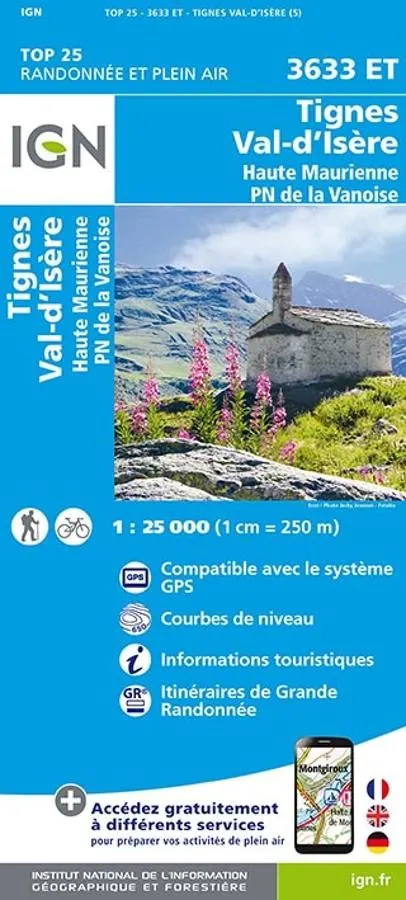Carte IGN tignes val isere haute maurienne parc vanoise 3633ET série Top 25 — recto