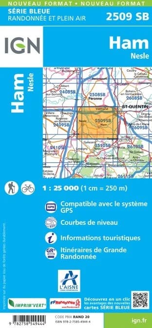 Carte randonnée Ham.Nesle (remplace 2509O et 2509E) | série Bleue IGN — recto